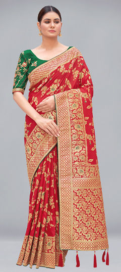 Red and Maroon color Saree in Banarasi Silk fabric with Weaving work