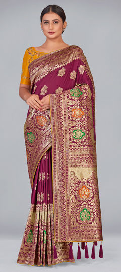 Pink and Majenta color Saree in Banarasi Silk fabric with Weaving work