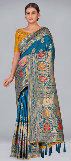 Blue color Saree in Banarasi Silk fabric with Weaving work