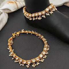 Silver Rodium Polish White and Off White color Anklet in Metal Alloy studded with Artificial