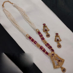 Gold Rodium Polish Red and Maroon color Pendant in Copper studded with CZ Diamond, Kundan