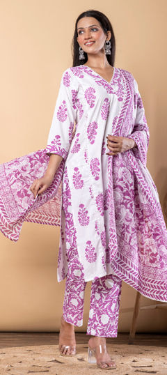 Pink and Majenta, White and Off White color Salwar Kameez in Cotton fabric with Lace, Printed work