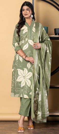 Beige and Brown, Green color Salwar Kameez in Cotton fabric with Printed, Sequence, Thread work