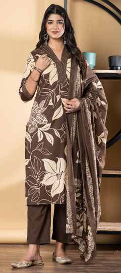 Beige and Brown color Salwar Kameez in Cotton fabric with Printed, Sequence, Thread work