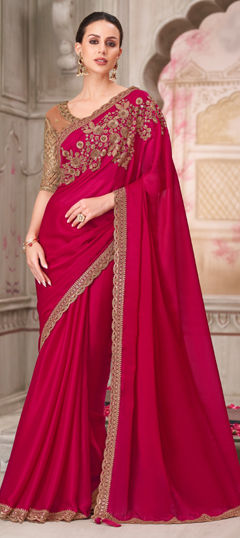 Pink and Majenta color Saree in Satin Silk fabric with Embroidered, Sequence, Thread work