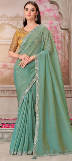 Green color Saree in Satin Silk fabric with Embroidered, Sequence, Thread work