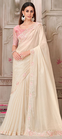 White and Off White color Saree in Satin Silk fabric with Embroidered, Sequence, Thread work
