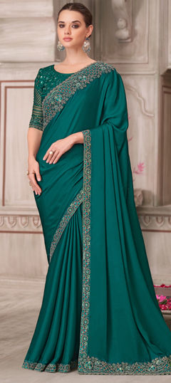 Green color Saree in Satin Silk fabric with Embroidered, Sequence, Thread work