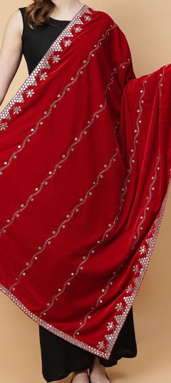 Red and Maroon color Dupatta in Velvet fabric with Embroidered, Sequence work