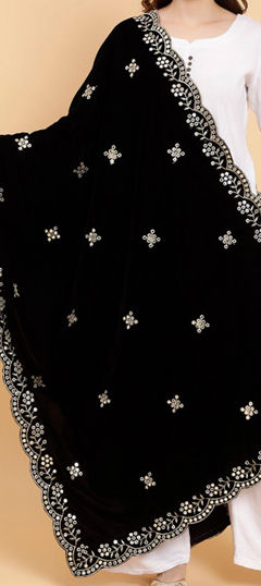 Black and Grey color Dupatta in Velvet fabric with Embroidered, Sequence work