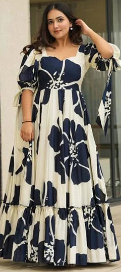 Blue, White and Off White color Gown in Cotton fabric with Digital Print work