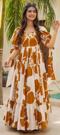 Beige and Brown, White and Off White color Gown in Cotton fabric with Digital Print work