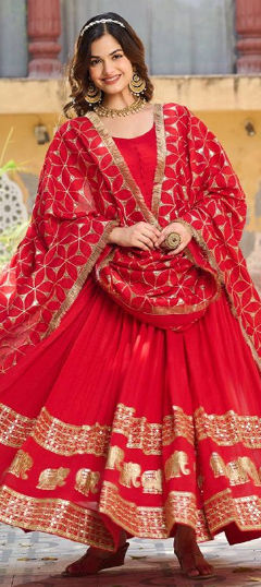 Red and Maroon color Gown in Art Silk fabric with Embroidered, Sequence work