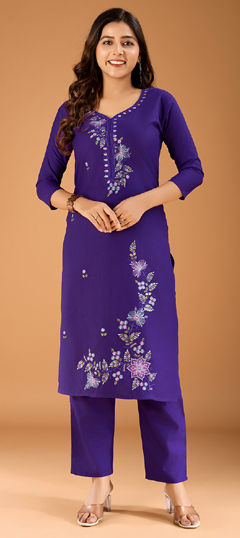 Purple and Violet color Salwar Kameez in Cotton fabric with Embroidered, Resham, Thread work