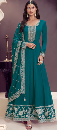 Blue color Salwar Kameez in Chinon Silk fabric with Embroidered, Thread work