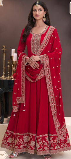Red and Maroon color Salwar Kameez in Chinon Silk fabric with Embroidered, Thread work