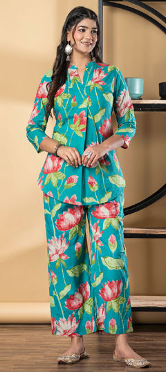 Blue color Co-ords Set in Cotton fabric with Floral, Printed work