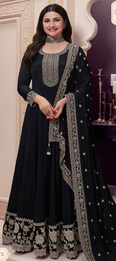 Black and Grey color Salwar Kameez in Chinon Silk fabric with Embroidered, Thread work