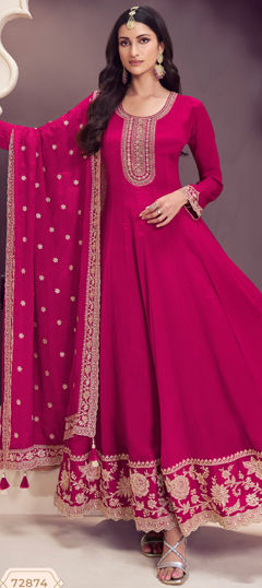 Pink and Majenta color Salwar Kameez in Chinon Silk fabric with Embroidered, Thread work