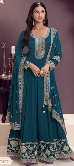Blue color Salwar Kameez in Chinon Silk fabric with Embroidered, Thread work