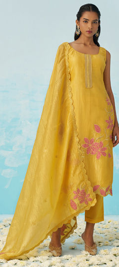 Yellow color Salwar Kameez in Crushed Silk fabric with Embroidered, Patch, Sequence, Thread work