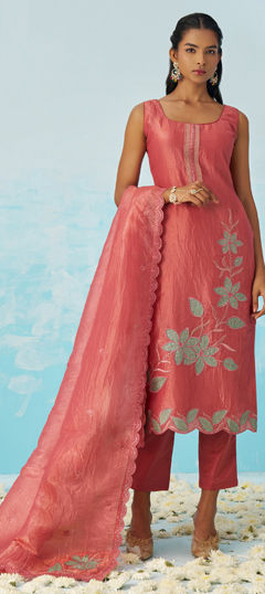 Pink and Majenta color Salwar Kameez in Crushed Silk fabric with Embroidered, Patch, Sequence, Thread work