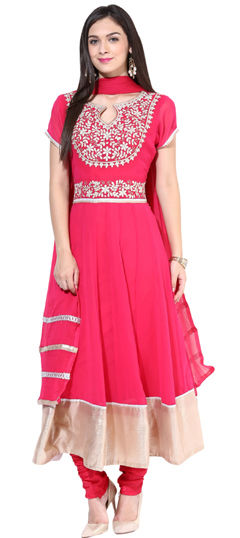 Pink and Majenta color Salwar Kameez in Georgette fabric with Embroidered, Patch, Thread work