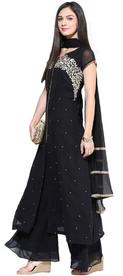 Black and Grey color Salwar Kameez in Georgette fabric with Embroidered, Patch, Thread work