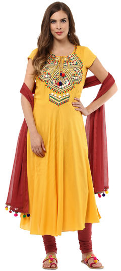 Yellow color Salwar Kameez in Rayon fabric with Embroidered, Patch, Thread work