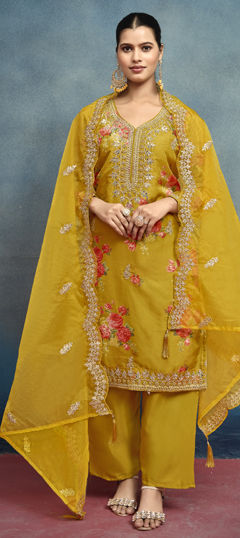 Yellow color Salwar Kameez in Art Silk fabric with Digital Print, Embroidered, Floral, Moti, Sequence work