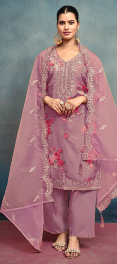 Pink and Majenta color Salwar Kameez in Art Silk fabric with Digital Print, Embroidered, Floral, Moti, Sequence work
