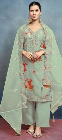 Green color Salwar Kameez in Art Silk fabric with Digital Print, Embroidered, Floral, Moti, Sequence work