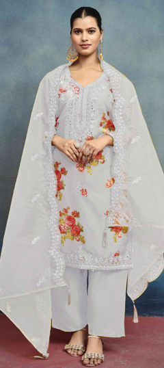 Black and Grey color Salwar Kameez in Art Silk fabric with Digital Print, Embroidered, Floral, Moti, Sequence work