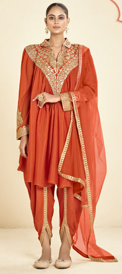 Red and Maroon color Salwar Kameez in Chinon Silk fabric with Embroidered, Mirror, Sequence, Thread work
