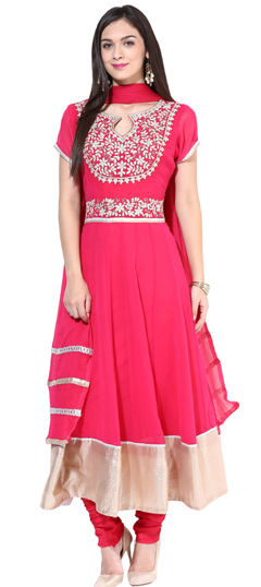 Pink and Majenta color Salwar Kameez in Georgette fabric with Embroidered, Patch, Thread work