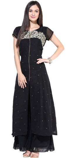 Black and Grey color Salwar Kameez in Georgette fabric with Embroidered, Patch, Thread work