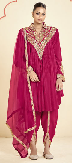 Pink and Majenta color Salwar Kameez in Chinon Silk fabric with Embroidered, Mirror, Sequence, Thread work