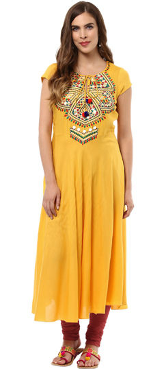Yellow color Salwar Kameez in Rayon fabric with Embroidered, Patch, Thread work