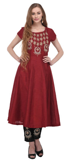 Red and Maroon color Salwar Kameez in Dupion Silk fabric with Embroidered, Patch, Thread work