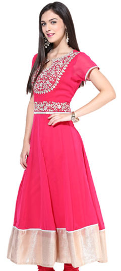 Pink and Majenta color Kurti in Georgette fabric with Embroidered, Patch, Thread work