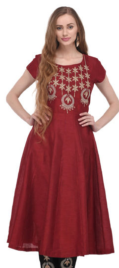 Red and Maroon color Kurti in Dupion Silk fabric with Embroidered, Patch, Thread work