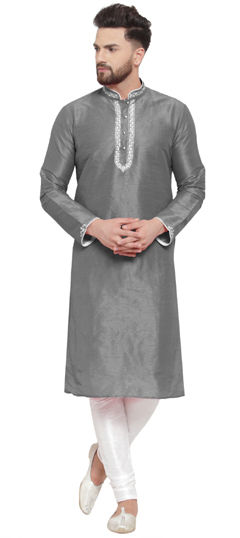 Black and Grey color Kurta Pyjamas in Dupion Silk fabric with Embroidered, Thread work
