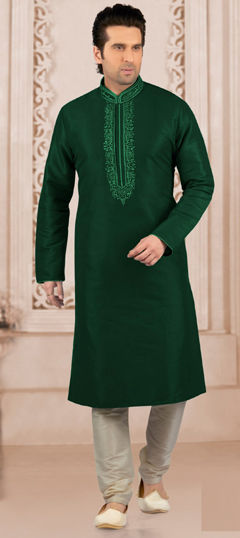 Green color Kurta Pyjamas in Dupion Silk fabric with Embroidered, Thread work