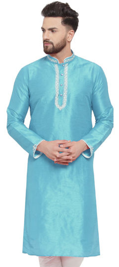 Blue color Kurta in Dupion Silk fabric with Embroidered, Thread work