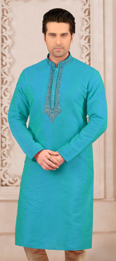 Blue color Kurta in Dupion Silk fabric with Embroidered, Thread work