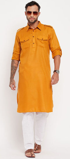 Yellow color Kurta Pyjamas in Blended Cotton fabric with Thread work