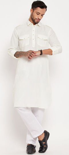 White and Off White color Kurta Pyjamas in Blended Cotton fabric with Thread work