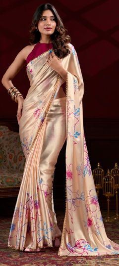 White and Off White color Saree in Satin Silk fabric with Digital Print, Floral, Moti work