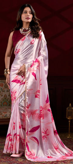 Pink and Majenta color Saree in Satin Silk fabric with Digital Print, Floral, Moti work