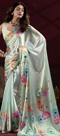 Blue color Saree in Satin Silk fabric with Digital Print, Floral, Moti work
